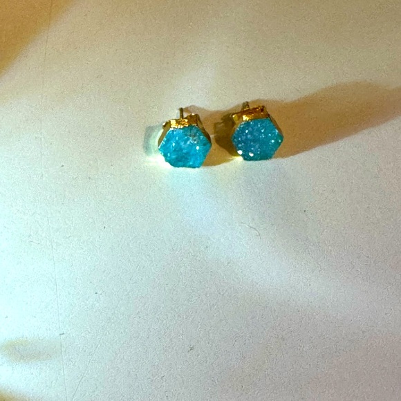 Hexagon Aqua Druzy Quartz Studs - Picture 1 of 7